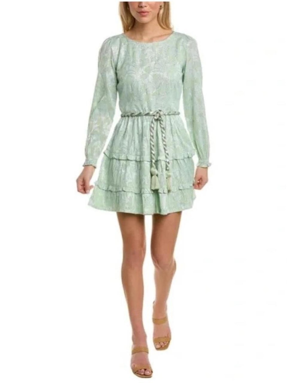 Roller Rabbit Mint Green Metallic Jacquard Tiered Mini Dress